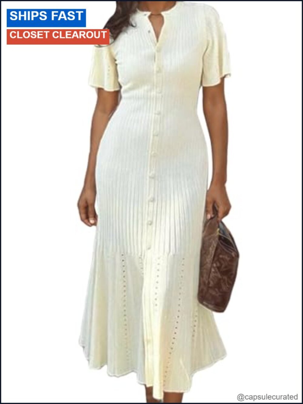 Ribbed Knit Button Down Long Dress Ruffle Hem Wedding Guest Fall